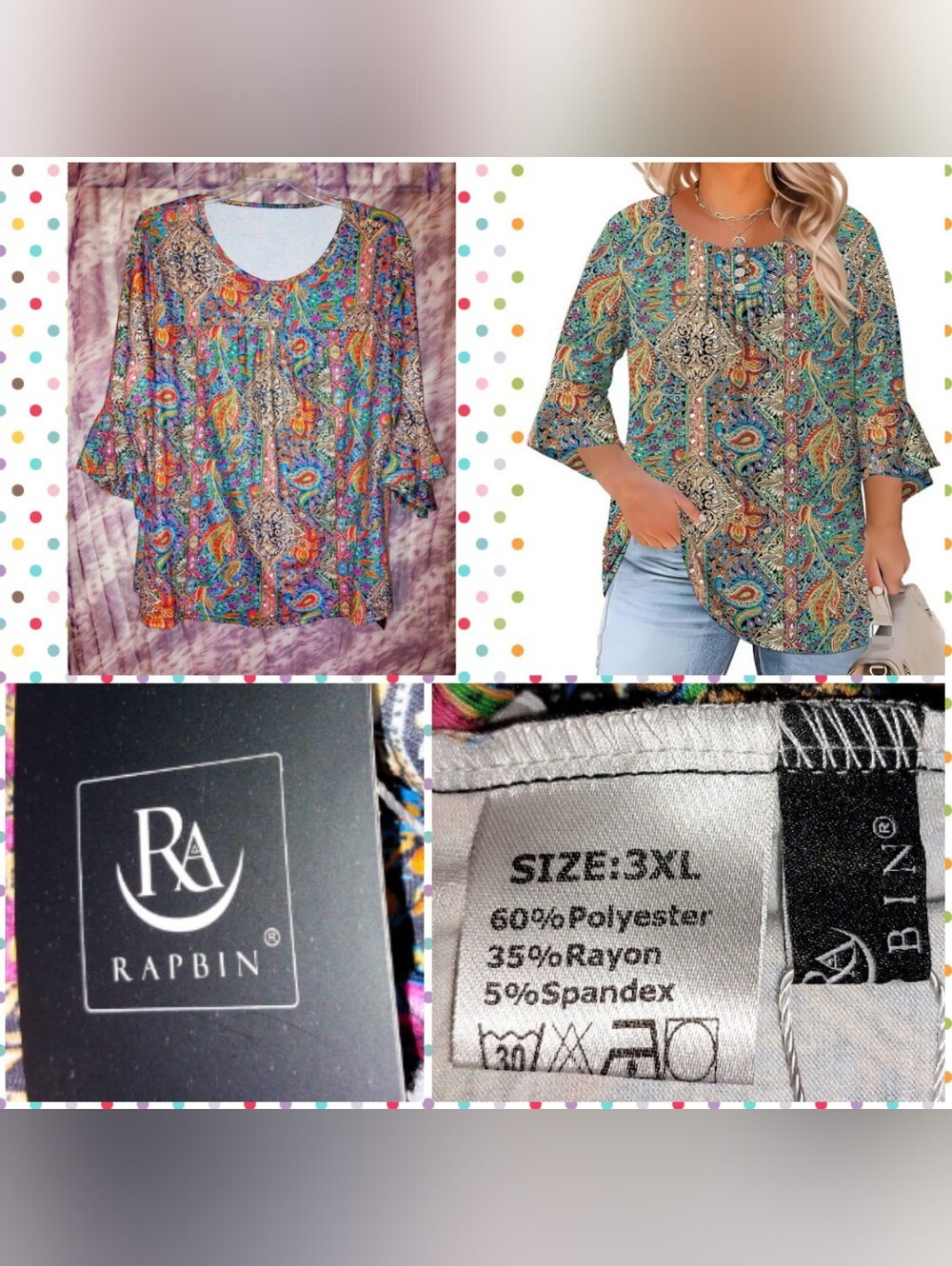 Rapbin Wht/Multiclr Multi Print 3/4 Ruffle Slv Pleated Knit Tunic Top 3XL(22/24)